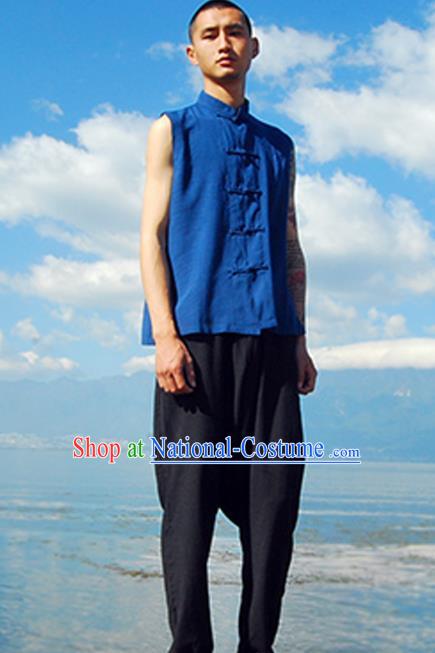 Asian China National Costume Blue Linen Vests, Traditional Chinese Tang Suit Plated Buttons Upper Outer Garment Waistcoat Clothing for Men