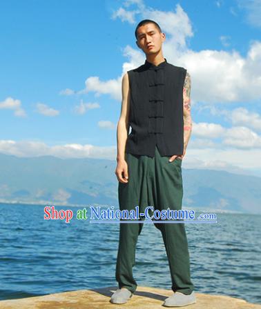 Asian China National Costume Black Linen Vests, Traditional Chinese Tang Suit Plated Buttons Upper Outer Garment Waistcoat Clothing for Men