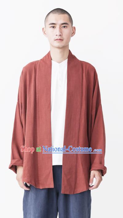 Asian China National Costume Red Linen Cardigan, Traditional Chinese Tang Suit Coat Clothing for Men