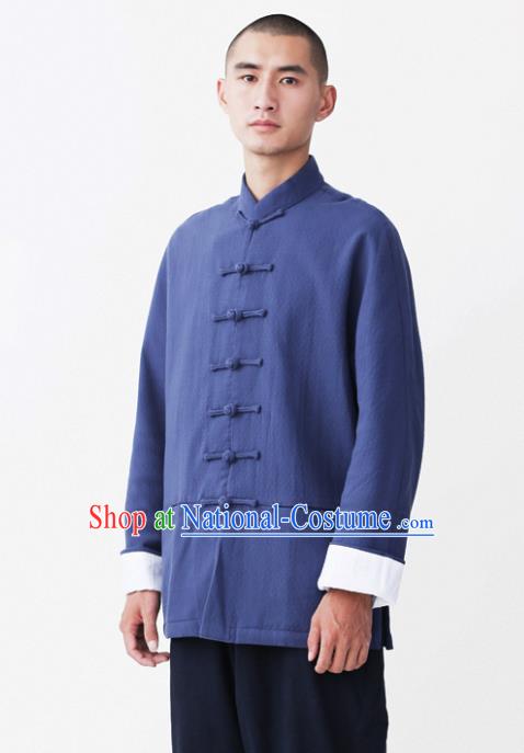 Asian China National Costume Blue Linen Shirts, Traditional Chinese Tang Suit Plated Buttons Upper Outer Garment Clothing for Men