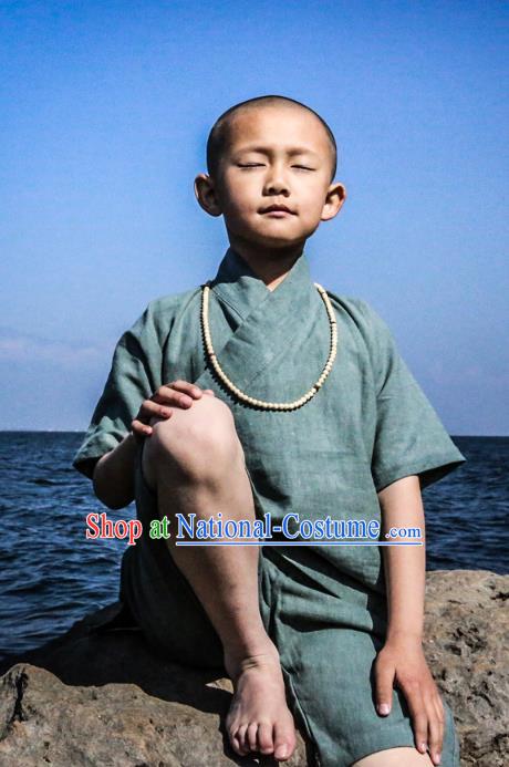 Asian China National Costume Green Linen Monk Clothing, Traditional Chinese Tang Suit Zen Clothing for Kids