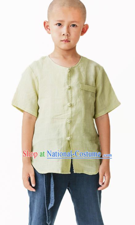 Asian China National Costume Green Linen Kung Fu Shirts, Traditional Chinese Tang Suit Upper Outer Garment Clothing for Kids