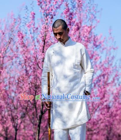 Asian China National Costume White Linen Slant Opening Robe, Traditional Chinese Tang Suit Plated Buttons Coat Clothing for Men