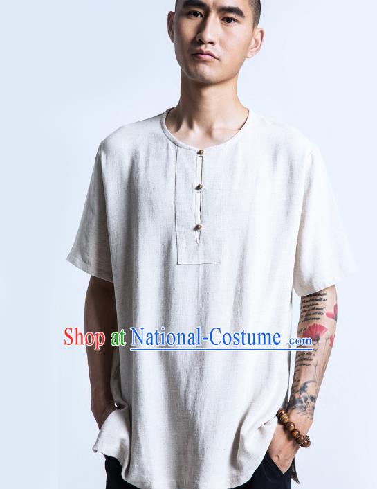 Asian China National Costume White Linen Shirts, Traditional Chinese Tang Suit Plated Buttons Upper Outer Garment Clothing for Men