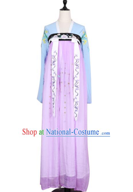 Asian China Tang Dynasty Princess Embroidered Clothing Complete Set, Traditional Ancient Chinese Palace Lady Hanfu Lilac Silp Skirt Costume for Women