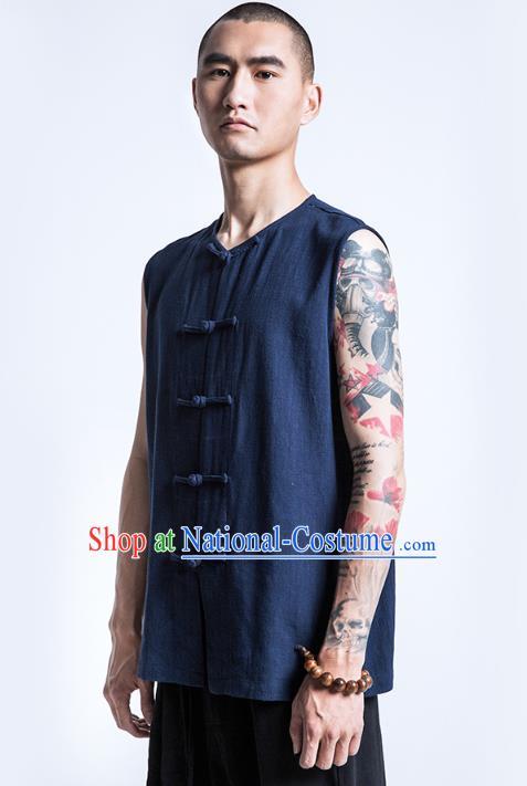 Asian China National Costume Navy Linen Vest, Traditional Chinese Tang Suit Plated Buttons Waistcoat Clothing for Men