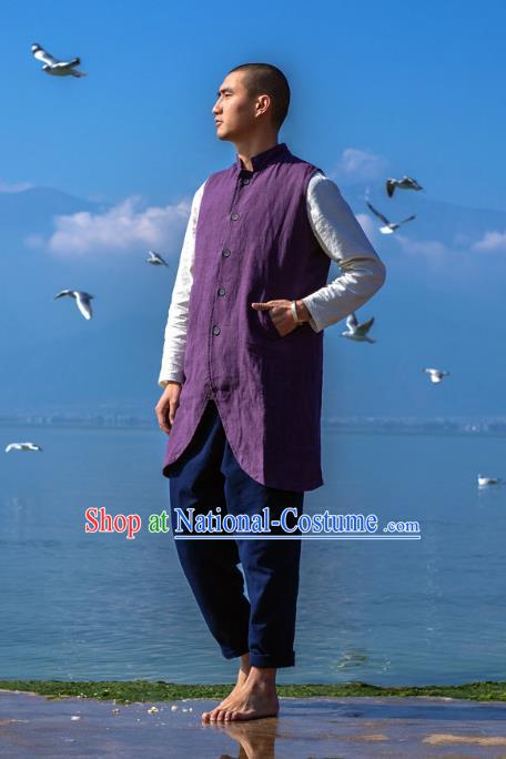 Asian China National Purple Linen Costume Martial Arts Kung Fu Vests, Traditional Chinese Tang Suit Upper Outer Garment Waistcoat Clothing for Men