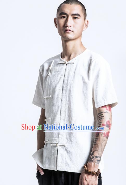 Asian China National Costume Short Sleeve Linen Shirts, Traditional Chinese Tang Suit Plated Buttons Upper Outer Garment Clothing for Men