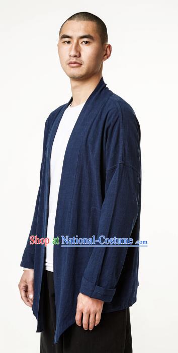 Asian China National Costume Navy Linen Cardigan, Traditional Chinese Tang Suit Coat Clothing for Men