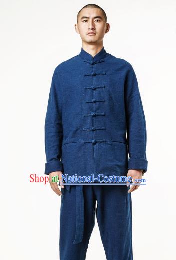 Asian China National Costume Blue Linen Shirts, Traditional Chinese Tang Suit Plated Buttons Upper Outer Garment Clothing for Men