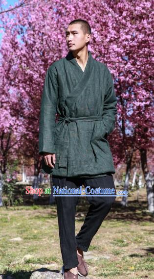 Asian China National Costume Green Linen Cotton-padded Robe, Traditional Chinese Tang Suit Slant Opening Coat Clothing for Men