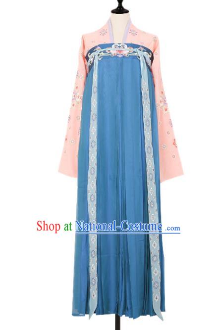 Asian China Tang Dynasty Princess Embroidered Clothing Complete Set, Traditional Ancient Chinese Palace Lady Hanfu Blue Slip Skirt Costume for Women