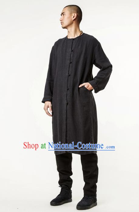 Asian China National Costume Black Linen Dust Coat, Traditional Chinese Tang Suit Slant Opening Coat Clothing for Men