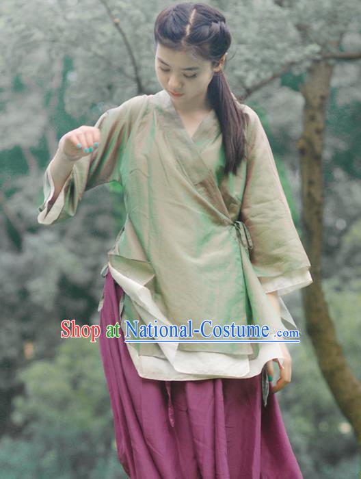 Asian China National Costume Green Hanfu Blouse, Traditional Chinese Tang Suit Upper Outer Garment Clothing for Women