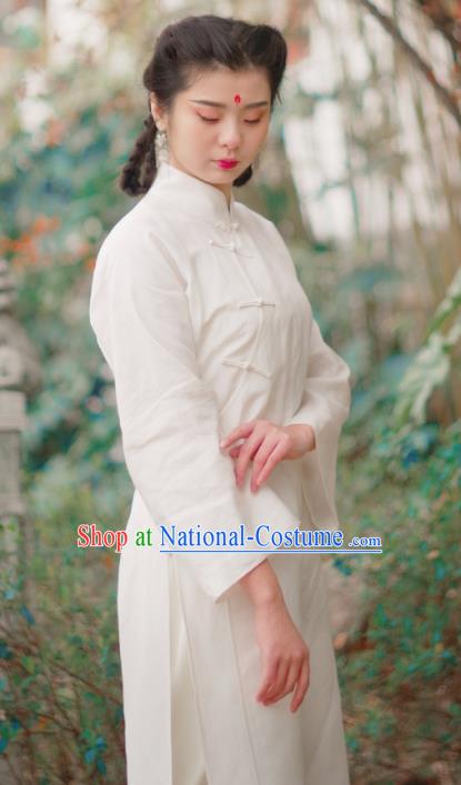 Asian China National Costume White Linen Hanfu Dress, Traditional Chinese Tang Suit Cheongsam Clothing for Women