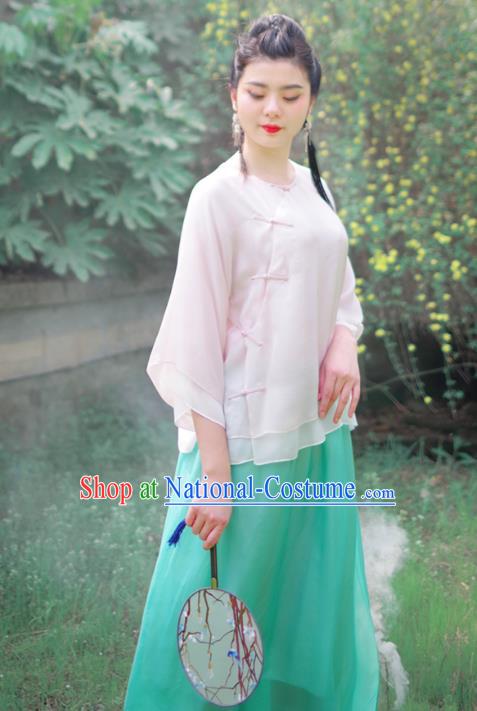 Asian China National Costume White Silk Hanfu Blouse, Traditional Chinese Tang Suit Cheongsam Upper Outer Garment Clothing for Women