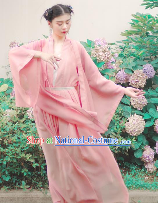 Asian China Han Dynasty Palace Lady Costume Princess Pink Wide Sleeve Cardigan for Women