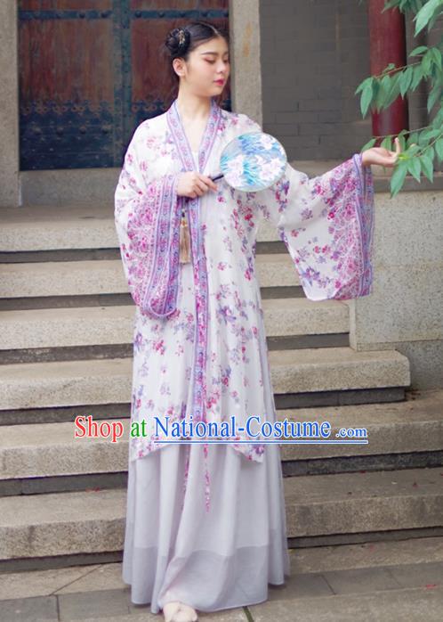 Asian China Han Dynasty Palace Lady Costume Princess Purple Printing Wide Sleeve Cardigan for Women