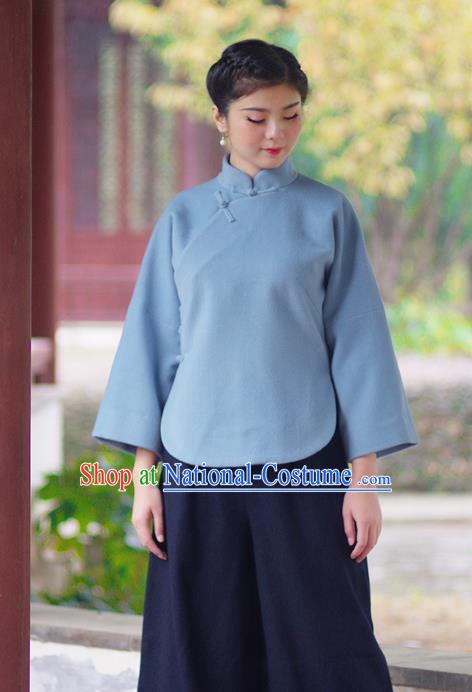 Asian China National Costume Slant Opening Blue Hanfu Blouse, Traditional Chinese Tang Suit Cheongsam Shirts Upper Outer Garment Clothing for Women