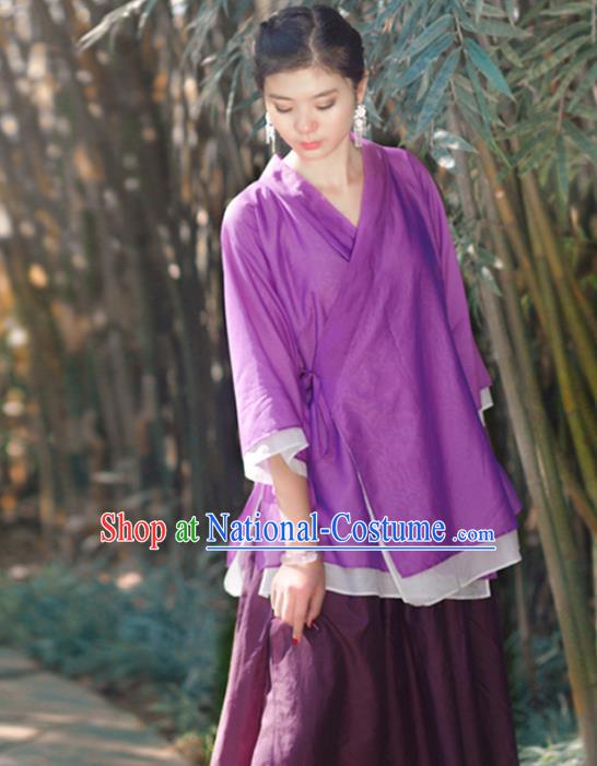 Asian China National Costume Slant Opening Purple Hanfu Blouse, Traditional Chinese Tang Suit Cheongsam Shirts Upper Outer Garment Clothing for Women