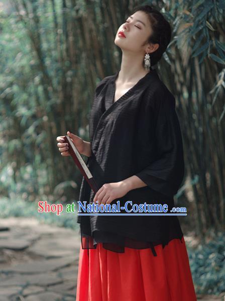 Asian China National Costume Slant Opening Black Hanfu Blouse, Traditional Chinese Tang Suit Cheongsam Shirts Upper Outer Garment Clothing for Women