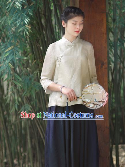 Asian China National Costume Slant Opening Beige Hanfu Blouse, Traditional Chinese Tang Suit Cheongsam Shirts Upper Outer Garment Clothing for Women