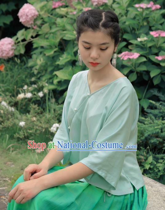 Asian China National Costume Slant Opening Green Silk Hanfu Blouse, Traditional Chinese Tang Suit Cheongsam Shirts Upper Outer Garment Clothing for Women