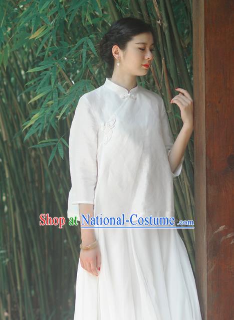 Asian China National Costume Slant Opening White Silk Hanfu Qipao Blouse, Traditional Chinese Tang Suit Cheongsam Shirts Upper Outer Garment Clothing for Women