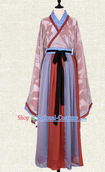 Asian China Jin Dynasty Swordsman Printing Red Clothing Complete Set, Traditional Ancient Chinese Palace Lady Hanfu Costume for Women