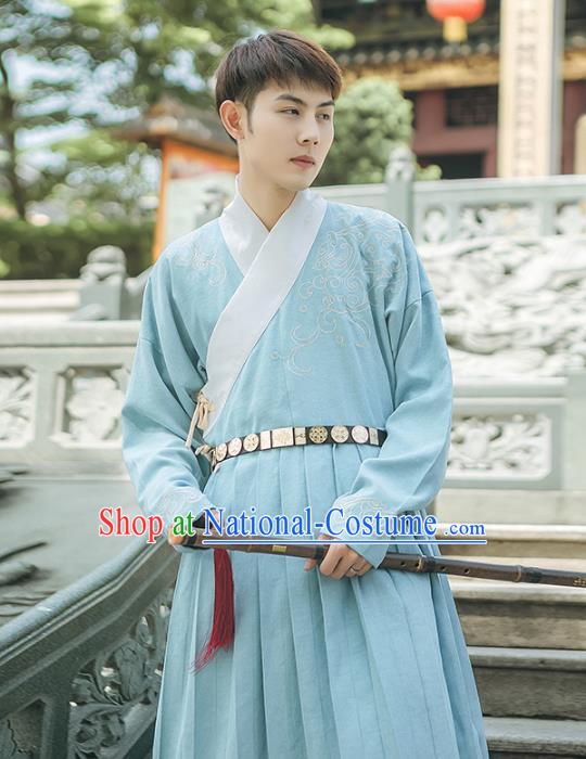 Asian China Ming Dynasty Swordsman Embroidered Costume, Traditional Ancient Chinese Elegant Hanfu Blue Robe Clothing for Men