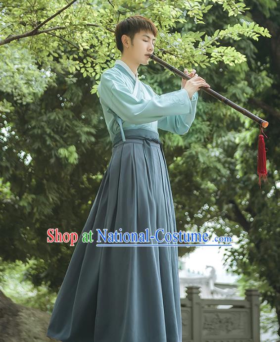 Asian China Han Dynasty Swordsman Embroidered Costume, Traditional Ancient Chinese Elegant Hanfu Green Clothing for Men