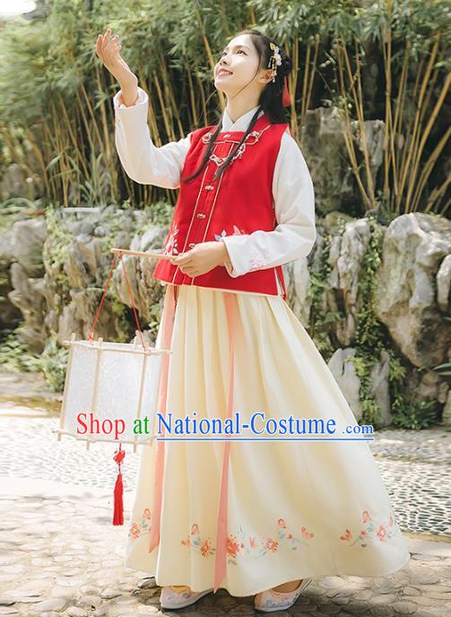 Asian China Ming Dynasty Palace Lady Embroidered Costume, Traditional Ancient Chinese Elegant Hanfu Red Vest Blouse and Skirt for Women