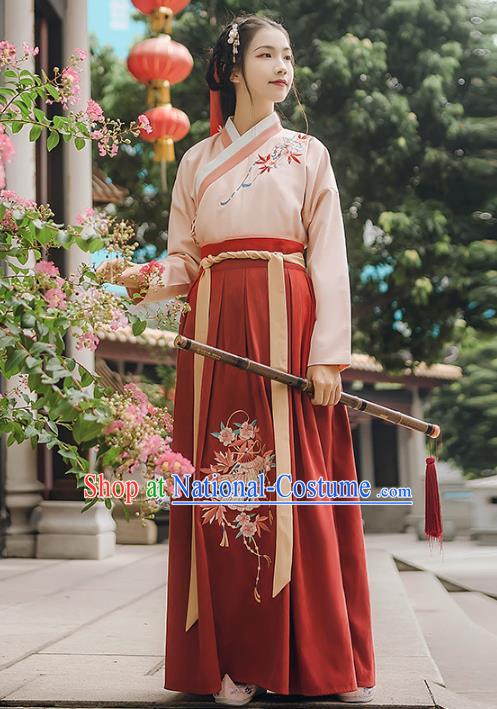 Asian China Ming Dynasty Palace Lady Embroidered Costume, Traditional Ancient Chinese Princess Elegant Hanfu Pink Blouse and Red Skirt for Women