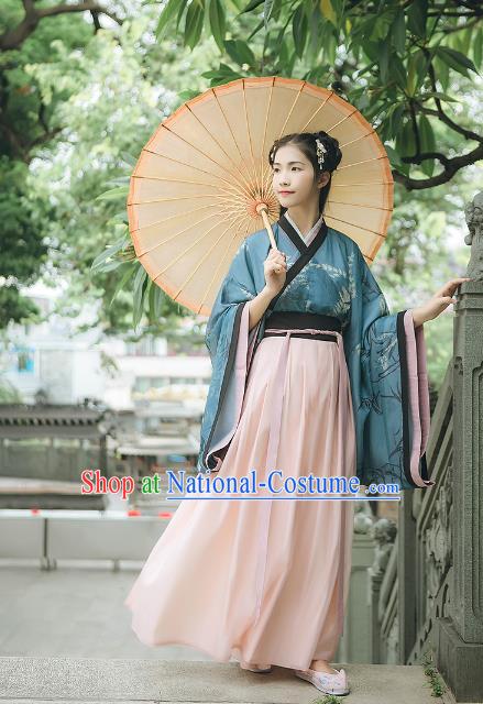 Asian China Jin Dynasty Palace Lady Embroidered Costume, Traditional Ancient Chinese Princess Elegant Hanfu Dress Clothing for Women