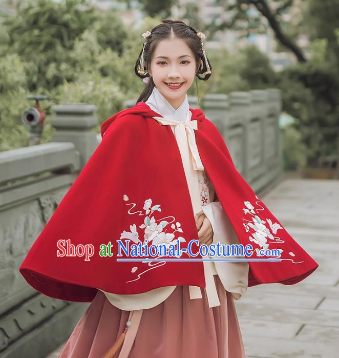 Asian China Ming Dynasty Palace Lady Costume Red Cape, Traditional Ancient Chinese Princess Elegant Embroidered Hanfu Cloak Clothing for Women