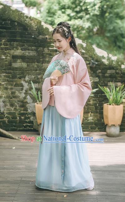 Asian China Ming Dynasty Princess Costume Embroidered Pink Blouse and Blue Skirt, Traditional Ancient Chinese Elegant Princess Hanfu Clothing for Women