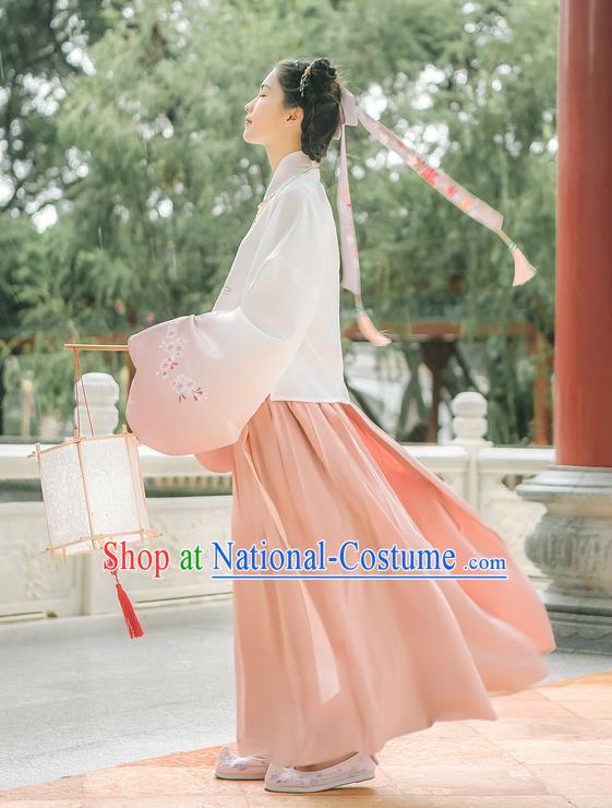 Asian China Ming Dynasty Princess Costume Embroidered White Blouse and Pink Skirt, Traditional Ancient Chinese Elegant Princess Hanfu Clothing for Women