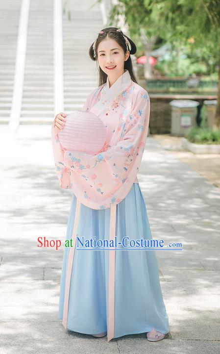 Asian China Ming Dynasty Princess Costume Printing Pink Blouse and Blue Skirt, Traditional Ancient Chinese Elegant Princess Hanfu Clothing for Women