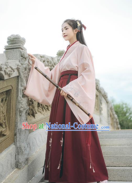 Asian China Ming Dynasty Princess Costume Embroidery Pink Blouse and Red Skirt, Traditional Ancient Chinese Princess Elegant Hanfu Clothing for Women