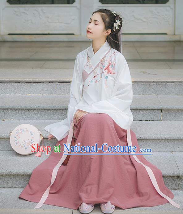 Asian China Ming Dynasty Princess Costume Embroidery White Blouse and Pink Skirt, Traditional Ancient Chinese Princess Elegant Hanfu Clothing for Women