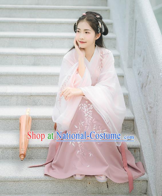 Asian China Han Dynasty Palace Lady Costume Embroidery Pink Blouse and Purple Skirt, Traditional Ancient Chinese Princess Elegant Hanfu Clothing for Women