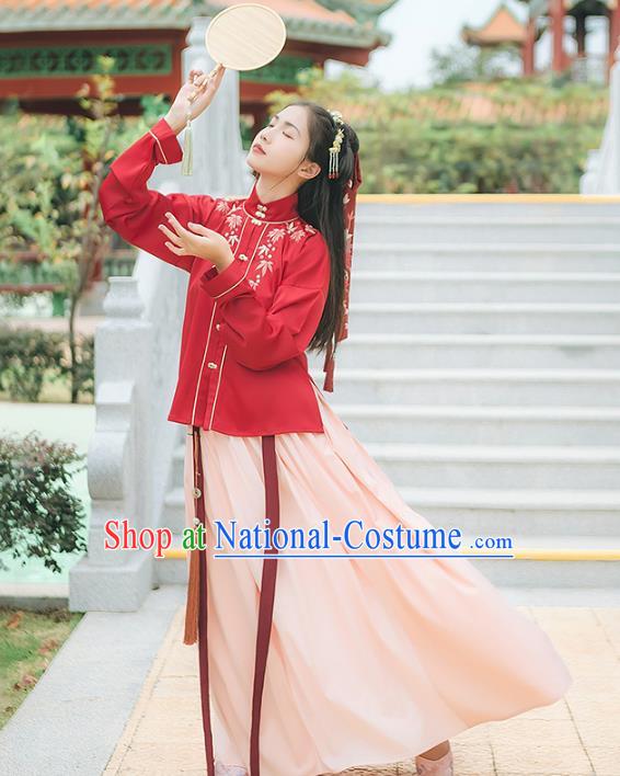 Asian China Ming Dynasty Palace Lady Costume Embroidery Red Blouse and Pink Skirt, Traditional Ancient Chinese Princess Elegant Hanfu Clothing for Women