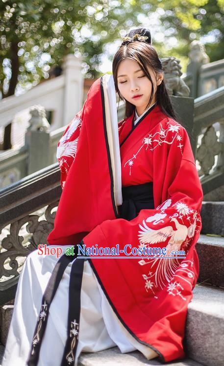 Asian China Han Dynasty Palace Lady Wedding Costume Embroidery Red Curve Bottom, Traditional Ancient Chinese Princess Elegant Hanfu Clothing for Women