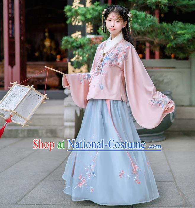 Asian China Ming Dynasty Palace Lady Wedding Costume Embroidery Pink Blouse and Blue Skirt, Traditional Ancient Chinese Princess Elegant Hanfu Clothing for Women