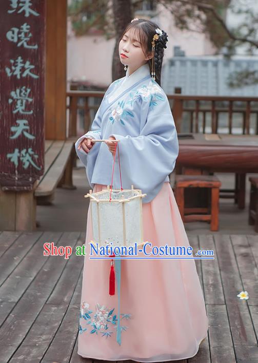 Asian China Ming Dynasty Palace Lady Wedding Costume Embroidery Blue Blouse and Pink Skirt, Traditional Ancient Chinese Princess Elegant Hanfu Clothing for Women