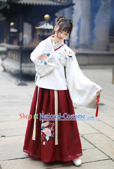 Asian China Ming Dynasty Palace Lady Wedding Costume Embroidery White Blouse and Red Skirt, Traditional Ancient Chinese Princess Elegant Hanfu Clothing for Women