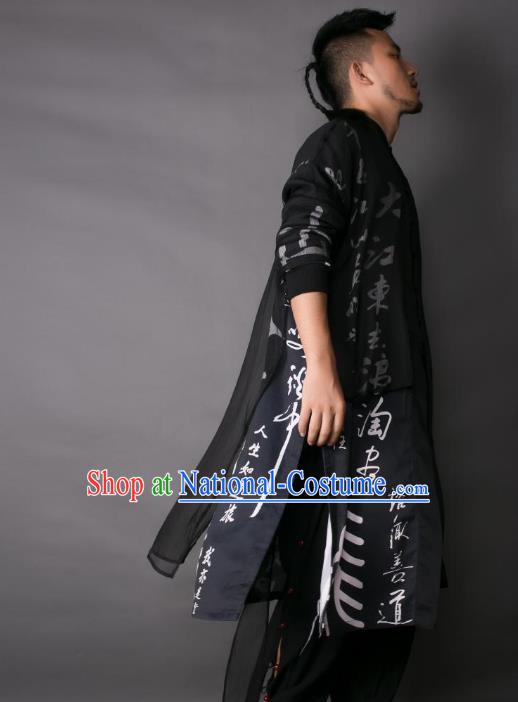 Asian China National Costume Printing Calligraphy Dust Coat, Traditional Chinese Tang Suit Cardigan Clothing for Men