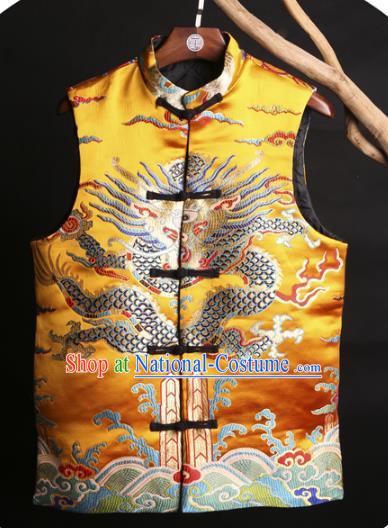 Asian China National Costume Embroidered Yellow Vest, Traditional Chinese Tang Suit Plated Buttons Embroidery Dragons Waistcoat Clothing for Men