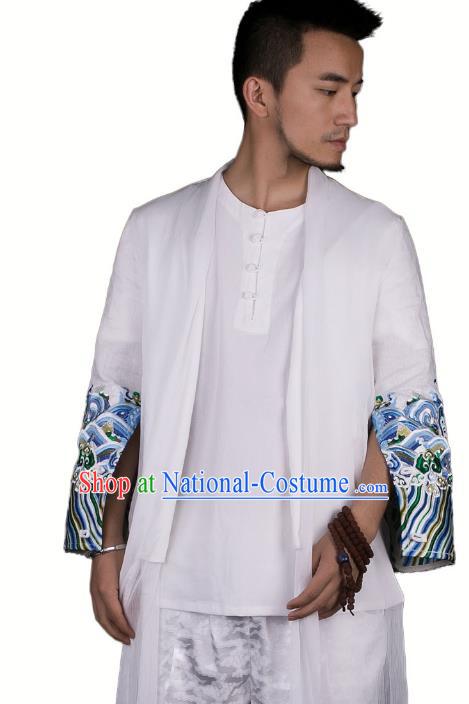 Asian China National Costume Embroidered Dust Coat, Traditional Chinese Tang Suit White Cardigan Clothing for Men