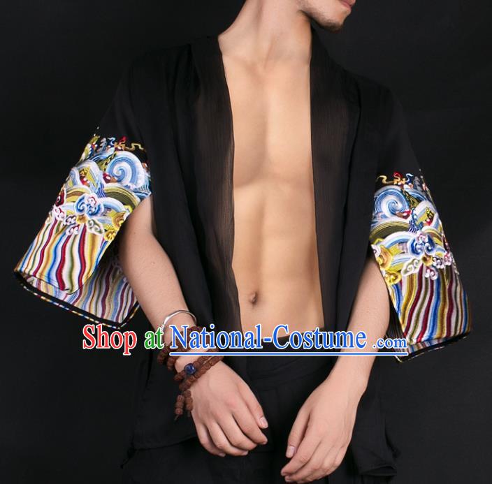 Asian China National Costume Embroidered Black Shirt, Traditional Chinese Tang Suit Underwear Clothing for Men